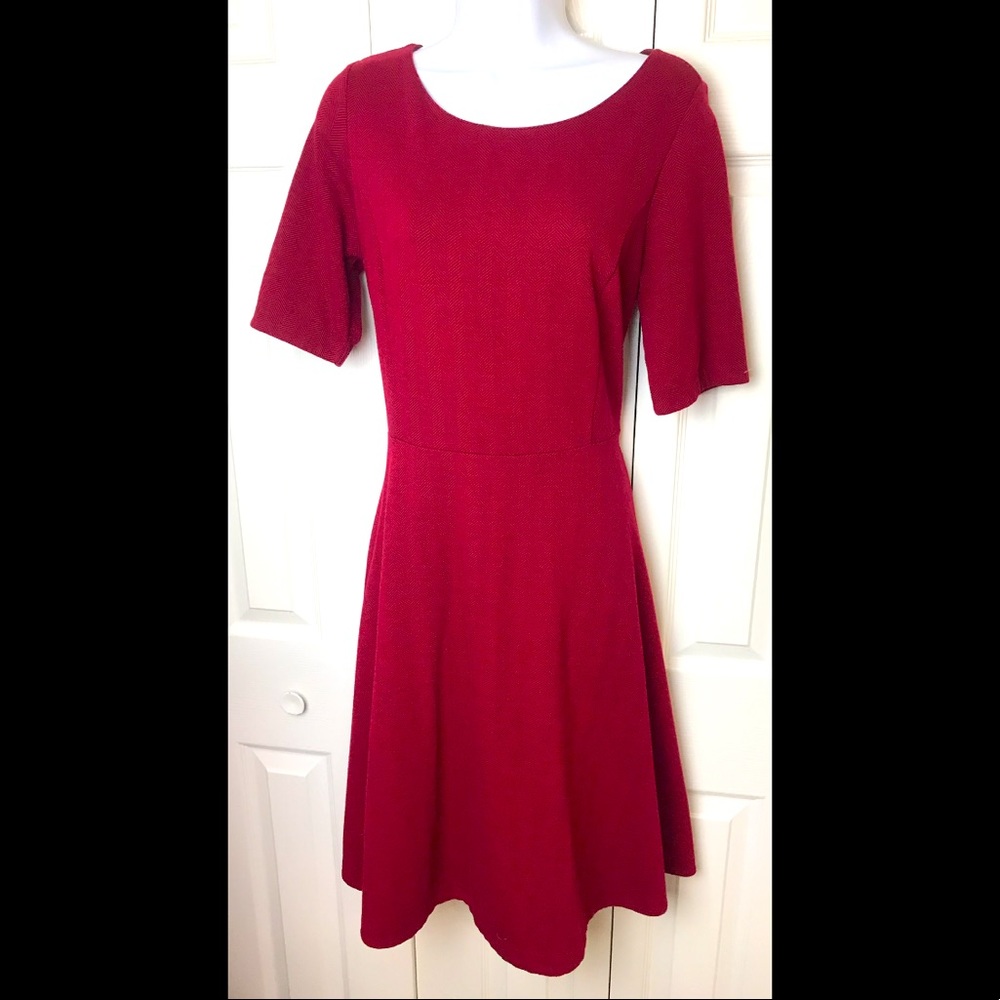 LANDS END Fit & Flare Dress Herringbone Chevron Merlot Red Black Short Sleeves